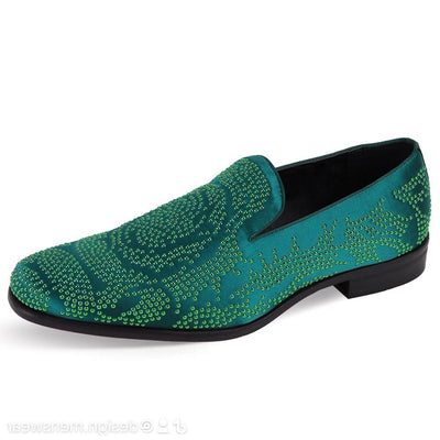 Green Sequin Stone Men's Loafers Luxury Design Slip-on Dress Shoes