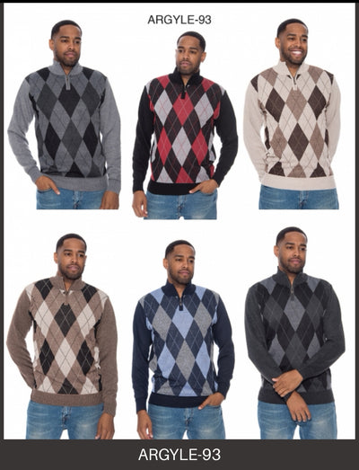 Brown Men's Crewneck Sweater Argyle Pattern Quarter Zip Up Long Sleeve Knit Pullover-93