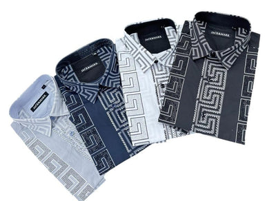 Navy Blue Men's Long Sleeve Shirt Stretch Material Greek Key Print with Dimond Stone