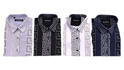 Black Men's Long Sleeve Shirt Stretch Material Greek Key Print with Dimond Stone