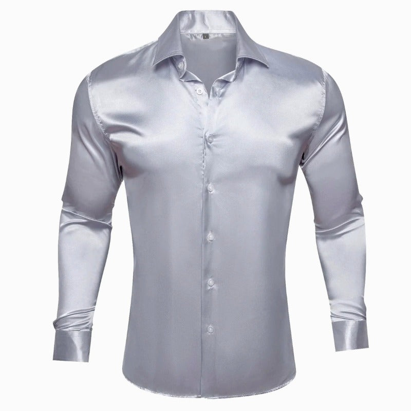 Sliver Grey Shiny Shirt Long Sleeves Slim Fit Satin Material