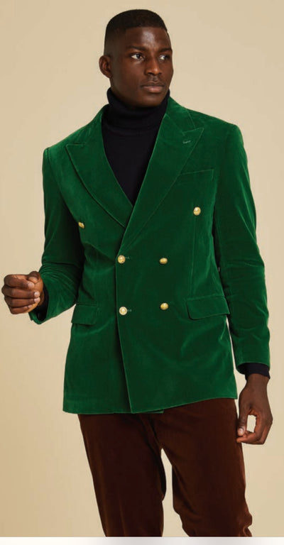 Inserch Green Double Breasted Peak Lapel Velvet Blazer with Gold Buttons