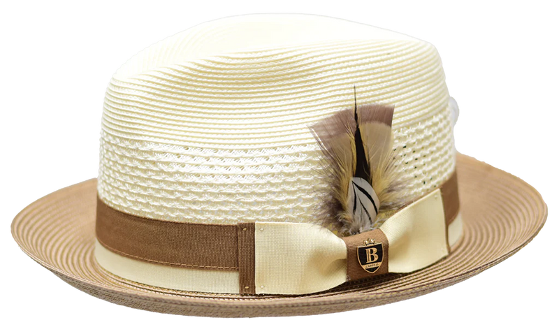 mens dress straw hats Belvedere 2 Tone Straw Fedora by Bruno Capelo IVORY/COGNAC / XL