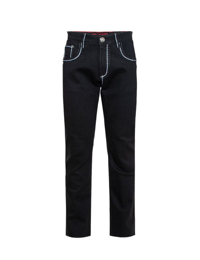 Giannii Jet Black Men's Slim-Fit Jeans with White Stitches