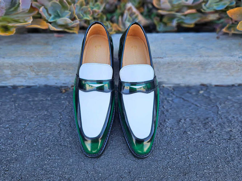 Carrucci Green and White Two-Tone Patent Leather Loafer Shoes Style No: KS480-102PT