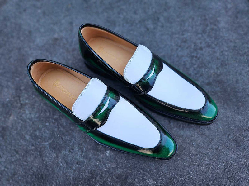 Carrucci Green and White Two-Tone Patent Leather Loafer Shoes Style No: KS480-102PT