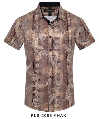 Khaki Multi Color Men's Short Sleeve Shirt Brown Graphic Fashion Design - DESIGN MENSWEAR