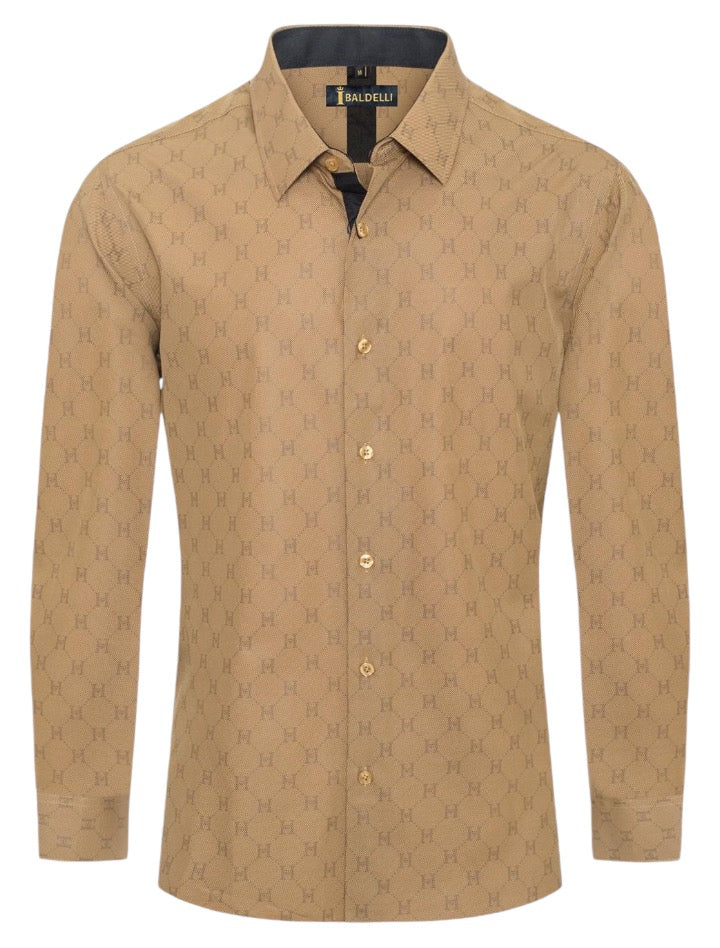 Khaki Printed Men's Long Sleeve Casual Dress Shirt Regular-Fit Style No: CHLS-2063 M / Khaki