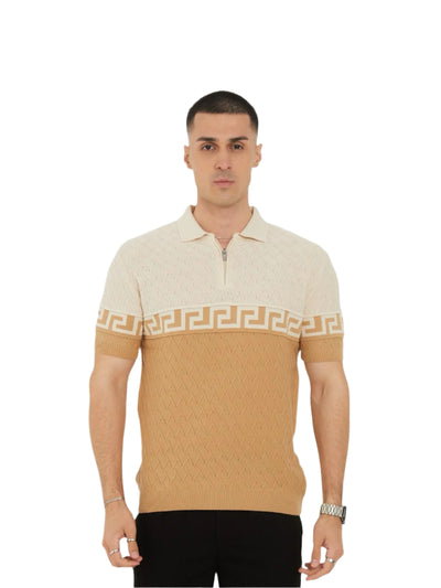 Khaki Suslo Coulure Men's Zip-Up Greek Key Design Knitted Polo Shirt-100
