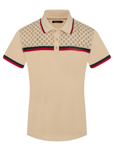 Khaki Men's Luxury Design Short Sleeve Polo Italy Design Red and Green Strip