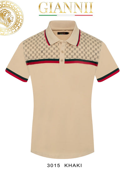 Khaki Men's Luxury Design Short Sleeve Polo Italy Design Red and Green Strip