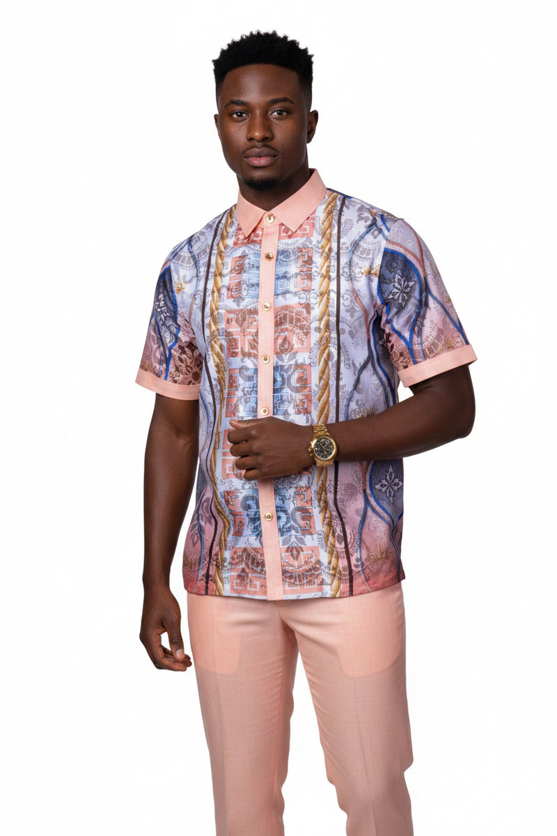 Peach Men's Linen Outfit Set Pants and Shirt LUX-660 Prestige L / Peach