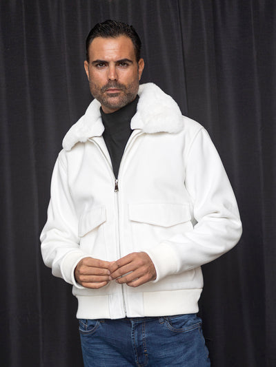 Manzini White Men's Bomber Jacket with Fur Collar Patch Pockets