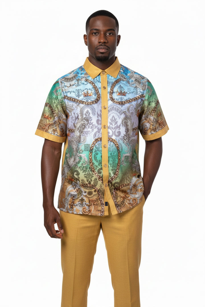 gold men dress shirt Maize Men's Linen Outfit Set Pants and LUX-660 Prestige L / Maize Collection 20 Vintage Mexican Embroidered Dress Spot clean only US Shoe Size (Men's):9
