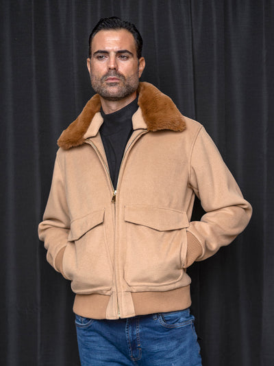 Manzini Camel Men's Bomber Jacket with Fur Collar Patch Pockets