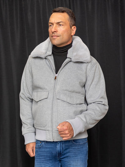 Manzini Grey Men's Bomber Jacket with Fur Collar Patch Pockets