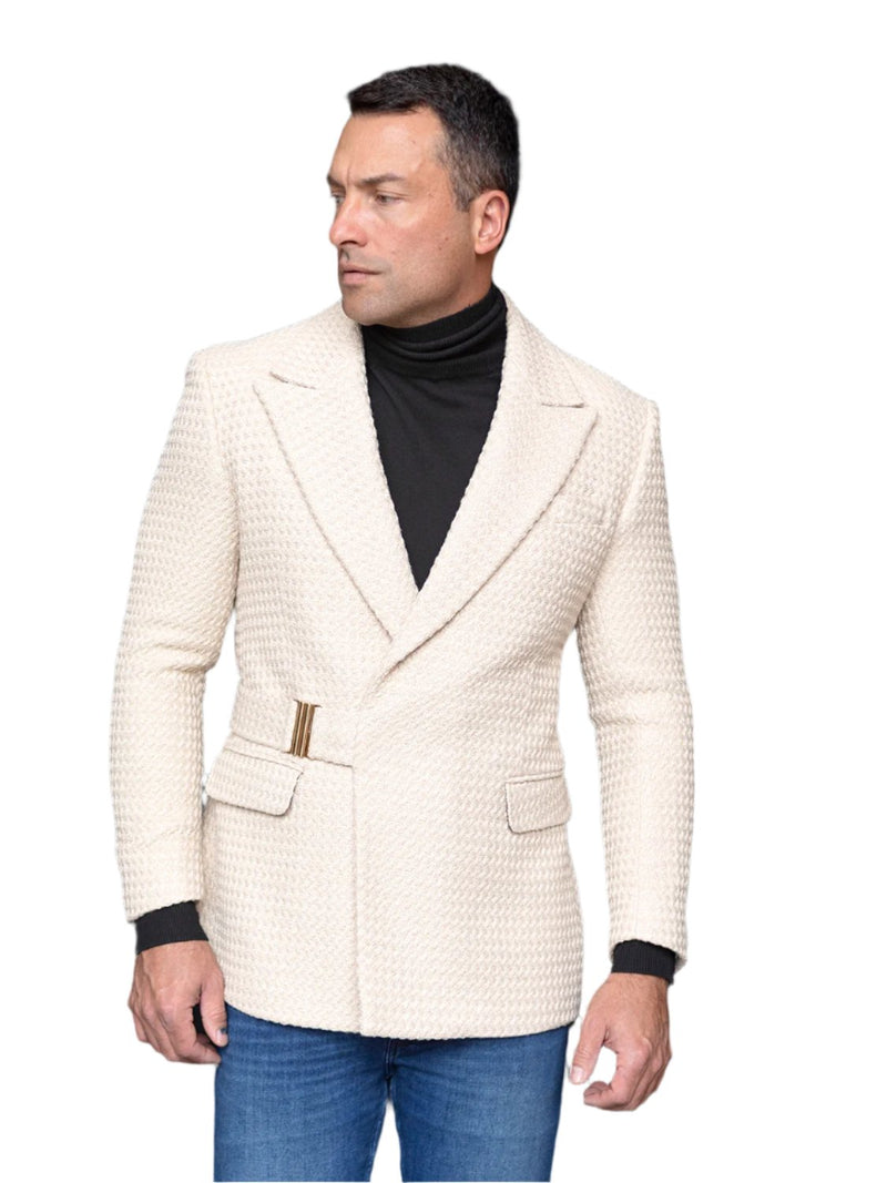 Men Tan Double Breasted Balzer Jackets with Belt Causal Prom Slim Fit MZS-567 - DESIGN MENSWEAR