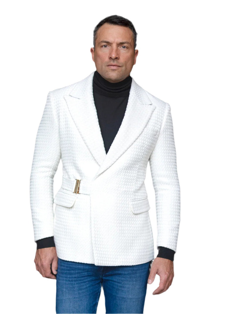 Men White Double Breasted Balzer Jackets with Belt Causal Prom Slim Fit MZS-567