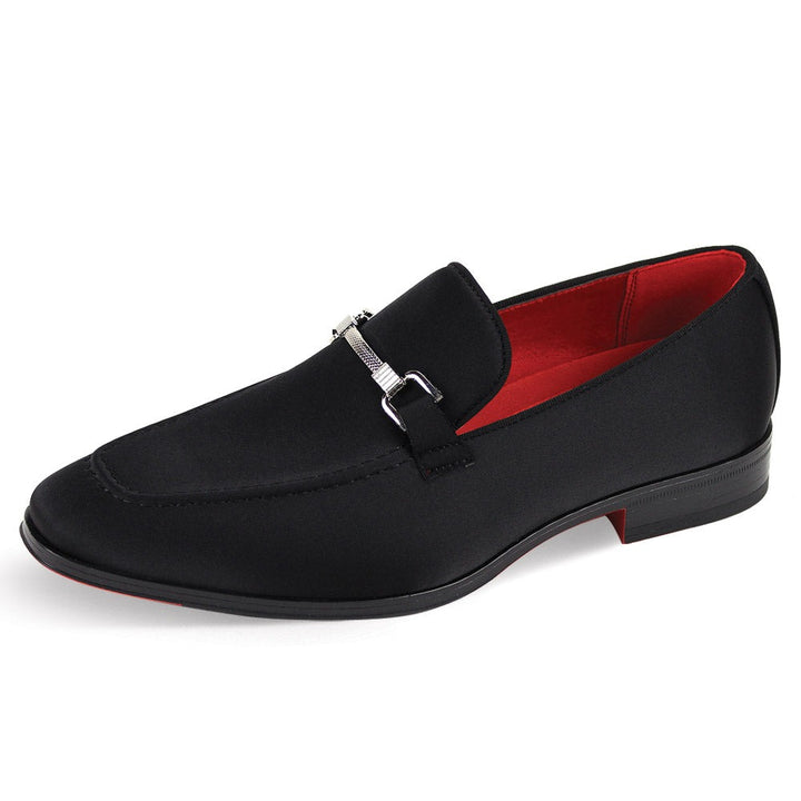 Men's Black Formal Dress Satin Material Slip-On Shoes Sliver Buckle Style No-7018 10 / Black
