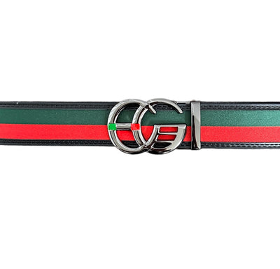 Men's Black Luxury Design Belt Genuine Leather Green and Red Stripe