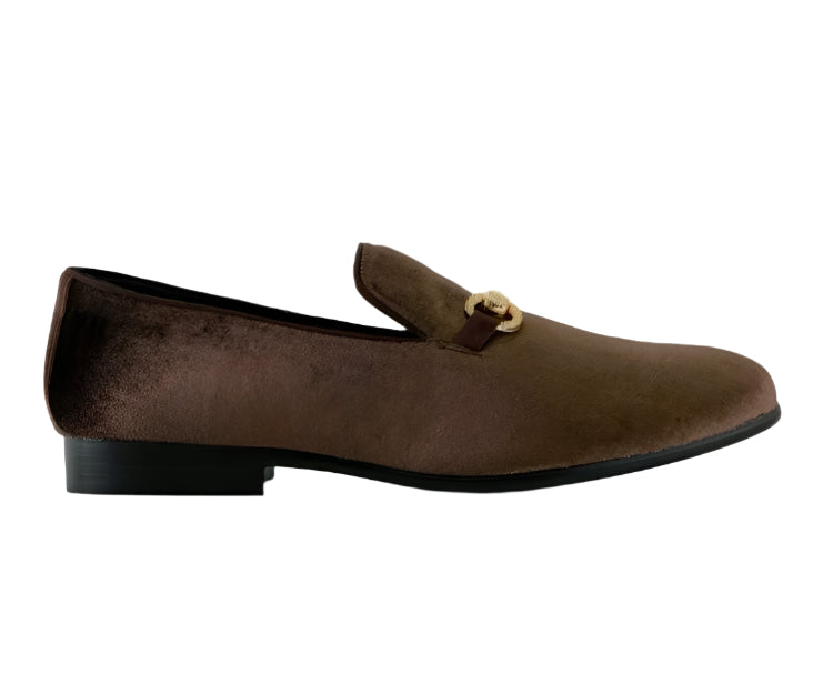 Men's Brown Velvet Material Fashion Loafer Shoes Gold Bit -HARRISON DESIGN MENSWEAR Men's Brown Velvet Material Fashion Loafer Shoes Gold Bit -HARRISON DESIGN MENSWEAR