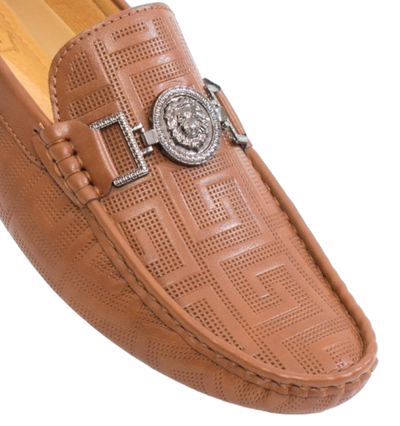 Men's Tan Fashion Design Cognac Loafer Slip-on Greek Key Printed Driver Sliver Buckle