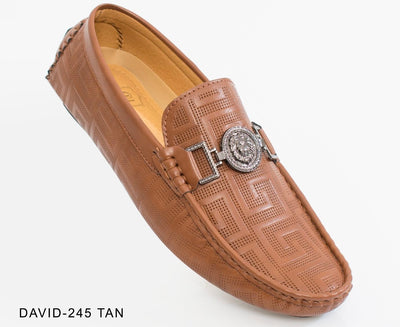 Men's Tan Fashion Design Cognac Loafer Slip-on Greek Key Printed Driver Sliver Buckle - DESIGN MENSWEAR