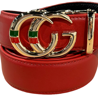 Men's CG Gold Buckle Red Leather Belt Luxury Style Red and Green Strip