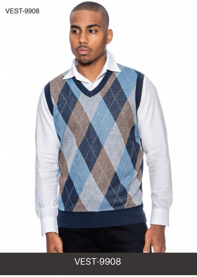 Men's Grey-Blue V-Neck Argyle Sweater Vest Knitwear Sleeveless Pullover STYLE-9908