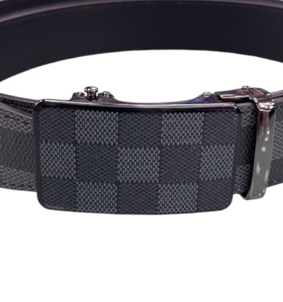 Men's Grey/Black Plaid Printed Belt Luxury Design Genuine Leather