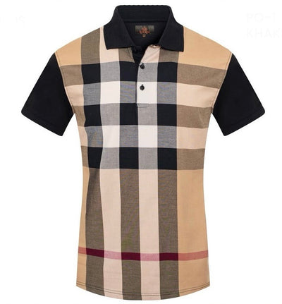 Men's Khaki and Black Plaid Polo Shirt Italy Design Style -P01