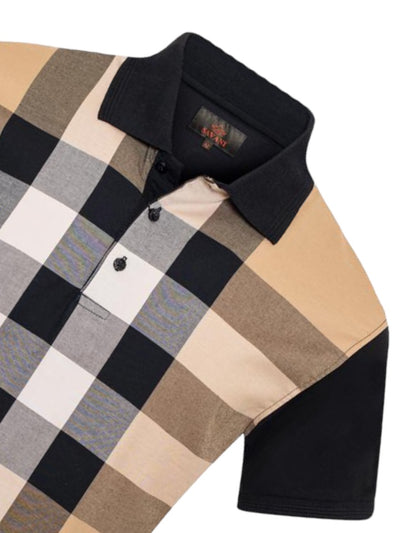 Men's Khaki and Black Plaid Polo Shirt Italy Design Style -P01