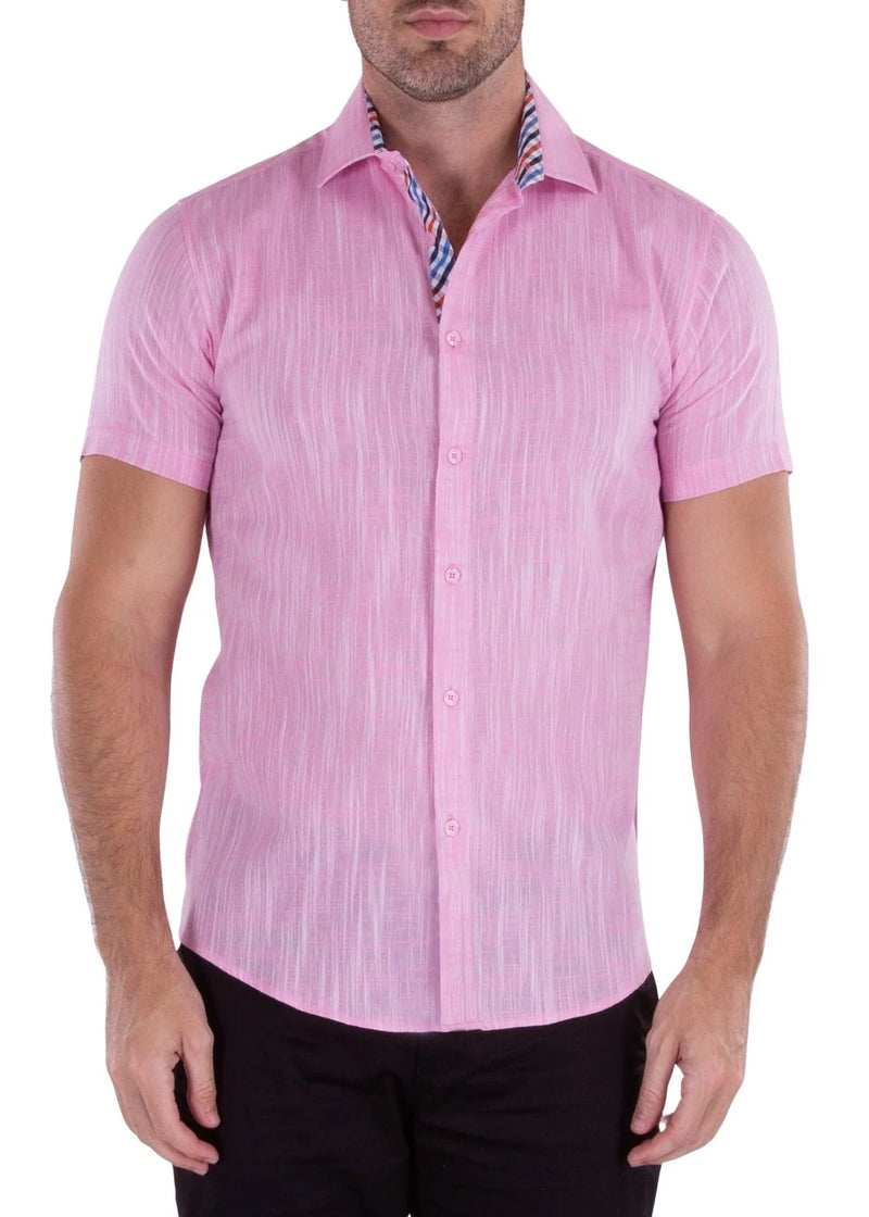 Pink Linen Short Sleeve Button-Up Shirt Modern-FIT Style No-202120