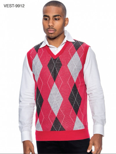 Men's Red-Grey V-Neck Argyle Sweater Vest Knitwear Sleeveless Pullover STYLE-9912