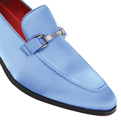 Men's Sky Blue Formal Satin Material Slip-On Loafer Dress Shoes Sliver Buckle Style no-7018