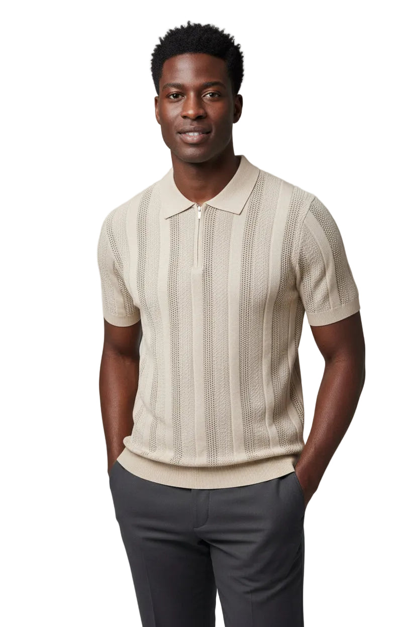 tan slim fit dress shirt Men's Tan Kint Polo zip collar Shirt