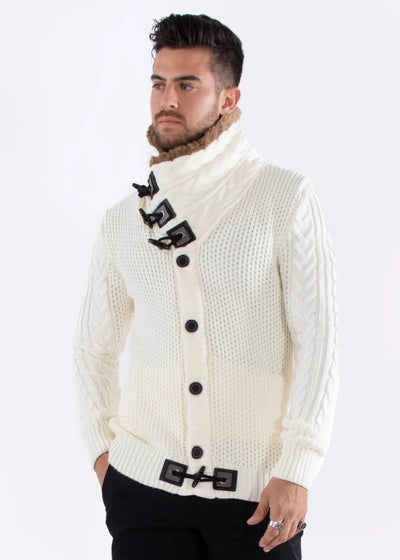 Men's White Sweaters with Fur Turtleneck Jacket Winter Cardigan