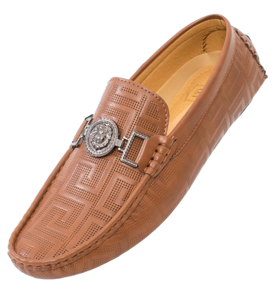 Men's Tan Fashion Design Cognac Loafer Slip-on Greek Key Printed Driver Sliver Buckle - DESIGN MENSWEAR