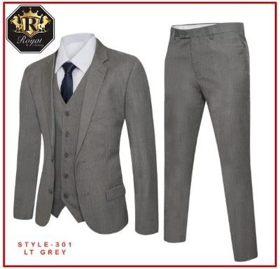 Men's light grey slim-fit 3pieces suit flat front pants with vest