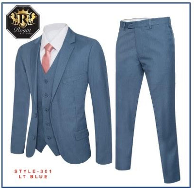 Royal suit Men's solid light blue slim-fit suit flat front pants with vest 3 Pieces suit