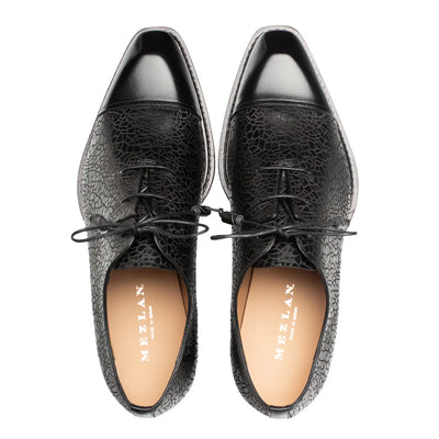 Mezlan Black Lace-Up Shoes Asymmetric Embossed Calf Oxford Style-S21309