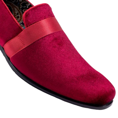 Burgundy Velvet Men's Shoe Slip-on with a satin ribbon Loafer