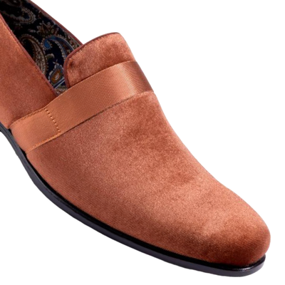 Cognac Velvet Men's Shoe Slip-on with a satin ribbon Loafer