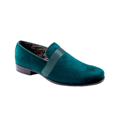 Emerald Green Velvet Men's Shoe Slip-on with a satin ribbon Loafer