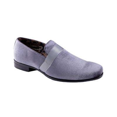 Grey Velvet Men's Shoe Slip-on with a Satin Ribbon Tuxedo Loafers