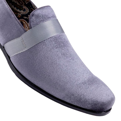 Grey Velvet Men's Shoe Slip-on with a Satin Ribbon Tuxedo Loafers