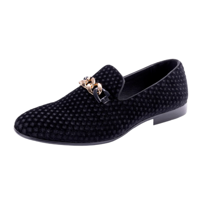 Montique Men's Black Velvet Material Slip-on Shoe Gold Chain Fashion Design Loafers