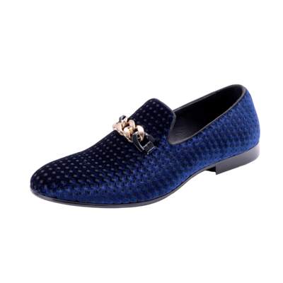 Men's Blue Velvet Material Slip-on Shoe Gold Chain Luxury Loafer