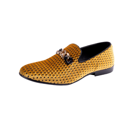 Montique Men's Gold Velvet Material Slip-on Shoe Gold Chain Fashion Design