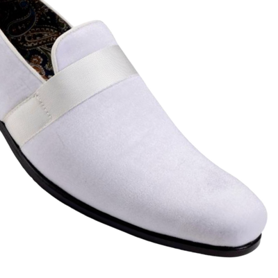 White Velvet Men's Shoe Slip-on with a satin ribbon Luxury Style Loafer